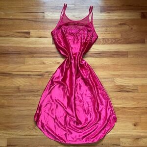 Vintage 90s Red Satin Embroidered Lingerie Maxi Slip Dress Size M Whimsygoth